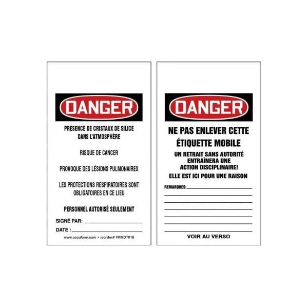 Accuform French Safety Tags, DANGER RESPIRABLE CRYSTALLINE SILICA, 5.75in x 3.25in, PF-Cardstock, 25PK FRMDT018CTP - main